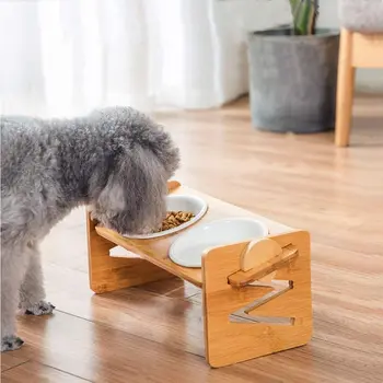 Câine de companie Pisica Bol Bol Ceramic cu Ridicat de Bambus Suport Dublu Boluri Catelus Pisoi Alimentare cu Apă Alimentare Castron Pet Feeder Feluri de mâncare