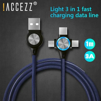 !ACCEZZ 3 în 1 Cablu USB cu LED 8pini Pentru iPhone X 8 XS Plus Micro USB de Tip C, Încărcare Rapidă Sincronizare Cablu de Date Pentru Xiaomi, Huawei Taxa