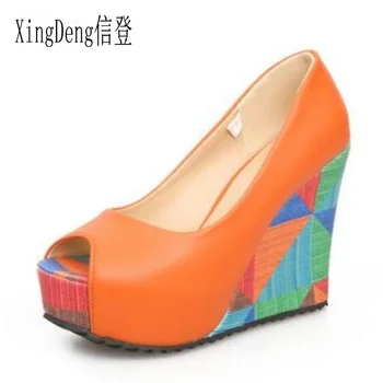 XingDeng Moda Doamnelor Sandale Platforma De Culoare Amestecat Zilnic Pantofi Cu Toc Pană Bomboane Femei Pu Piele Petrecere De Vara Tocuri Cui