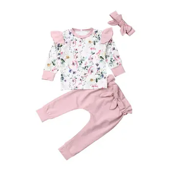 Copii Fetita Flroal O gât Topuri + pantaloni roz + Bentita Costume de Haine de Vară 3Pcs Copil Fete Îmbrăcăminte Set Picătură Navă
