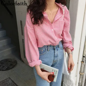 Colorfaith Noi 2021 Femei Primavara-Vara Bluza Camasi Carouri la Modă Carouri Supradimensionate Butoane Sălbatice Roz Dulce Topuri BL1023