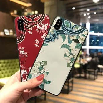 Stil chinezesc cu Flori în Relief Telefon Caz pentru iPhone 6 6S 7 8 Plus X XS MAX XR TPU Moale Capacul din Spate pentru OPPO R15 R17 Capa Coque