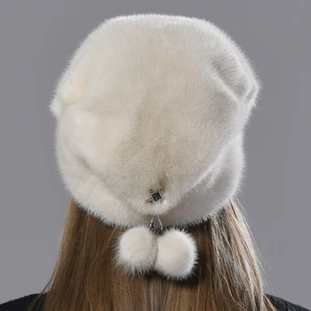 Nurca Blană Pălării pentru Femei Elegant, Cald si Natural pe Toată Blana Nurca de Lux de Iarna Capace anti rece de Zăpadă Pălărie cu bile pentru cap 55-62cm