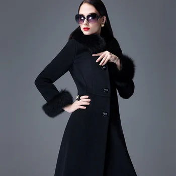 Lână Haină Lungă Nou Brand Femei Topuri de Vulpe Guler de Blană de Lux Îngroșa Singur Pieptul de Calitate pentru Femei Slim Fit Wool Long Outwear