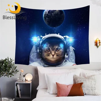 BlessLiving Spațiu Amuzant Pisica Tapiserie Astronaut animale de Companie Tapiserii Albastru Galaxy Decorativ de Perete pentru Camera Copii Univers Foi