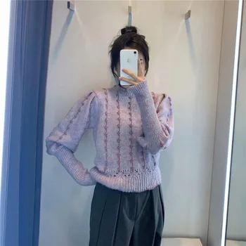 2020 Za Femei De Iarnă Fir Metalic Pulover Tricot Cu Maneca Lunga Guler Înalt Vintage Violet Pulovere Femei Streetwear Subțire Pulover