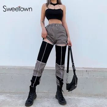 Sweetown Două Mozaic De Culoare Hip Hop Pantaloni Harem Pentru Femei Hollow Out Gotic Streetwear Pantaloni Elastic Talie Mare Pantaloni