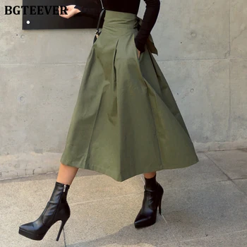 BGTEEVER OL Stil de Talie Mare Bowknot O linie Verde Fustele Doamnelor Birou Flare Fuste Lungi pentru Femei Faldas Streetwear 2020 Primăvară