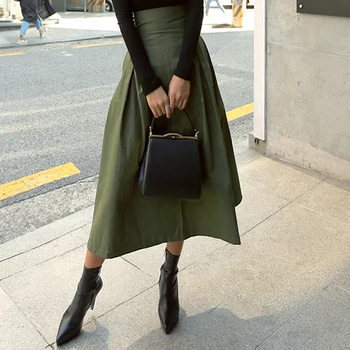 BGTEEVER OL Stil de Talie Mare Bowknot O linie Verde Fustele Doamnelor Birou Flare Fuste Lungi pentru Femei Faldas Streetwear 2020 Primăvară