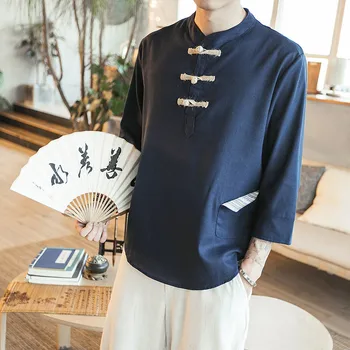Stil național Barbati Maneca Trei Sferturi Lenjerie de pat din Bumbac tricou Barbat Liber Respirabil Tricouri buzunarul din Stânga de butonul de Plus de Dimensiune M-5XL