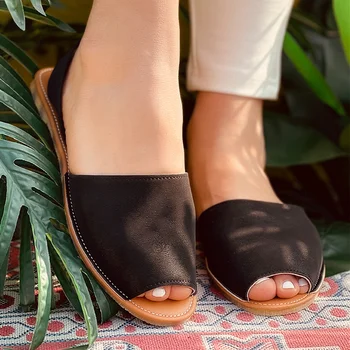 MCCKLE Vara Sandale Femei din Piele PU Gol Afară Retro Sandale Slip On Casual Peep Toe Cusut Doamnelor Plat Pantofi de Plaja si Femeie