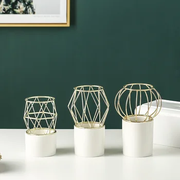 Stil Nordic Felinar Forma Ceramice, Fier De Artă Vaza Verde Alb Creative Vaza Fara Gaura Desktop Acasă Ornamente Decorative