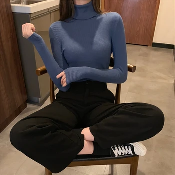 2020 Primăvară De Iarnă De Bază Bluze Pulovere Femei Strans Bodycon Figura De Macinat Montate Subțire Alb Tricotat Pulover Guler 2218