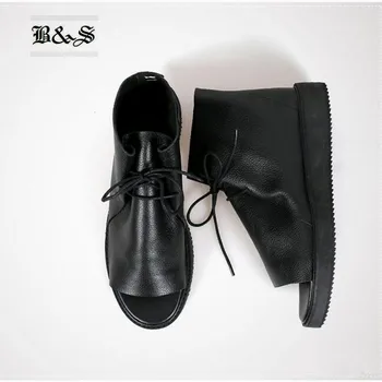 Black& Street 2018 Negru Talpă Groasă de Vară Autentică Sandale din Piele Dantela-Up vintage sandale Platforma oamenii de Cauzalitate Sandale