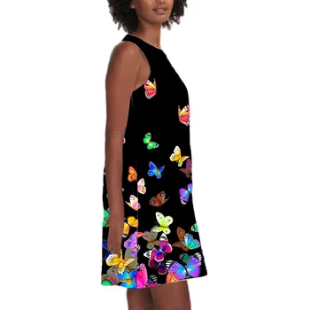 Femei Vara Vrac Rochie de Moda 3D Fluture de Imprimare Rochie Mini Casual rochie fără Mâneci Gât Rotund Rochie Femei Sexy Negru Vestidos