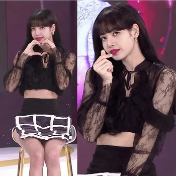 Kpop coreeană de moda Celebritate sexy negru dantelă perspectivă lungă cu mâneci lungi tricou femei summer Club, topuri scurte și bluze