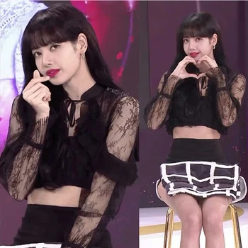 Kpop coreeană de moda Celebritate sexy negru dantelă perspectivă lungă cu mâneci lungi tricou femei summer Club, topuri scurte și bluze