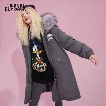 ELFSACK de Desene animate de Imprimare Guler de Blană coreean Caldura De 90% Alb Rață Jos Paltoane Femei,2020 ELF de Iarna Casual Ladeis Hanorac Uza