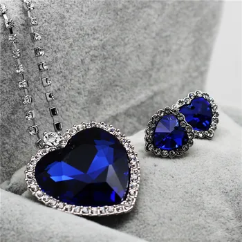 Inima Oceanului Albastru Inima de Dragoste pentru Totdeauna Set de Bijuterii Pentru Femei Pietre de Cristal Colier Cercei Inel Brățară Set