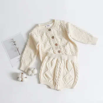 Din Bumbac Pentru Copii Baieti Fete Pulover Cardigan Tricot + Pantaloni Scurți Costum Nou 2019 Toamna Iarna Haine Copii Haine Pentru Copii Set
