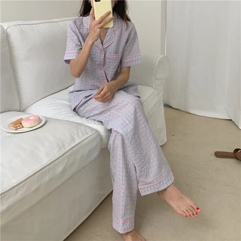 Pijamas Femei Clasic Drăguț Carouri Sleepwear Set de Două piese Costum de Vara Maneca Scurta Tricou+Pantaloni Rever Buzunar Body S814