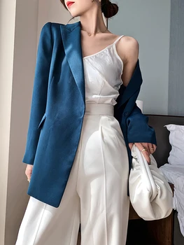 Sacou albastru pentru Femei 2020 Toamna Trendy Stil coreean de Lux Satin Sacou Costum OL Munca Strat de sex Feminin de Îmbrăcăminte