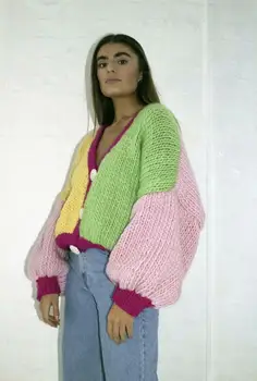 Elegant Dulce Chic Culori de Contrast Mozaic lucrate Manual Trunchiate Jachete de Moda pentru Femei pe Buton-up Mână Tricotate Pulovere