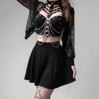 Gothic Punk din Piele PU pentru Femei Lanț Gol Afară Curea Căpăstru Sexy Cercuri Rock Cravată