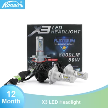 X3 LED-uri auto far H1 H4 H7 6000lm 50W bec pentru masina retrofit