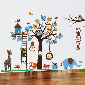 Desene animate Bufnita Maimuța Veveriță, Copac Autocolant de Perete Camera Copilului Grădiniță Decor Mural Auto Adeziv Vinil DIY Decal Tapet