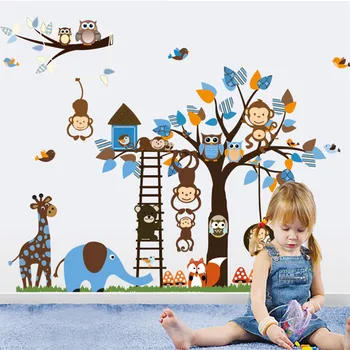Desene animate Bufnita Maimuța Veveriță, Copac Autocolant de Perete Camera Copilului Grădiniță Decor Mural Auto Adeziv Vinil DIY Decal Tapet