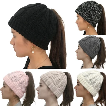 De Iarnă Pălării De Tricotat De Iarna Femei Doamnelor Pălărie Fată Stretch Knit Hat Murdar Coc, Coada De Cal Beanie Găurit Cald Pălării Capace