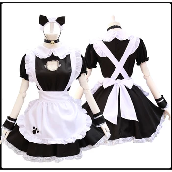 Negru Pisica Drăguț Lolita Maid Dress Costume Cosplay Costum pentru Fete Femeie Chelneriță Menajera Petrecere, Costume de Scenă