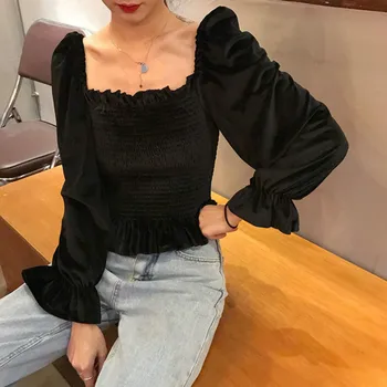 Bluze Femei Pătrat Guler Maneca Lunga Coreean Casual Chic De Moda Trendy De Agrement Toamna Elegant De Epocă Femei De Zi Cu Zi Streetwear