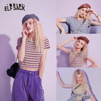 ELFSACK cu Dungi Multicolore Casual Slim Tricotate T-Shirt Femei Culturilor Sus de Vară 2020 ELF Maneci Scurte-coreean Girly Bază de zi cu Zi Tee