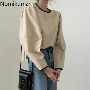 Nomikuma Moda Casual Tricouri Culoare de Contrast Maneca Lunga Gât O Simpla Bluza Chic Femei Stil coreean Topuri Blusas Mujer 3c759