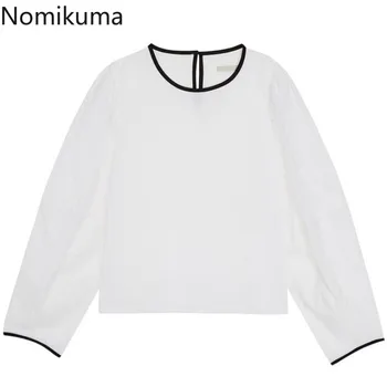 Nomikuma Moda Casual Tricouri Culoare de Contrast Maneca Lunga Gât O Simpla Bluza Chic Femei Stil coreean Topuri Blusas Mujer 3c759