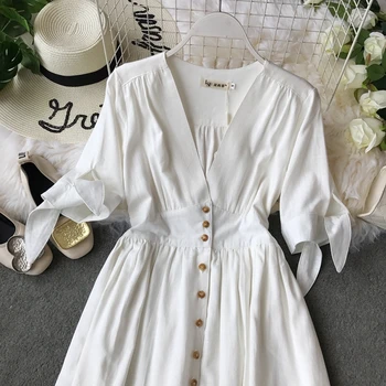 2020 noua moda pentru femei rochii de Epocă jumătate lungime maneca rochie de vara alb V-neck lenjerie de vacanță