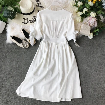 2020 noua moda pentru femei rochii de Epocă jumătate lungime maneca rochie de vara alb V-neck lenjerie de vacanță