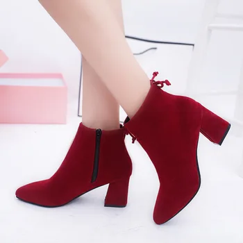 MHYONS Femei Cizme Glezna 2019 Negru Turma de Moda de Iarnă Med Cizme cu Toc pentru Doamne Subliniat Deget de la picior Plus Dimensiune Femei Pantofi