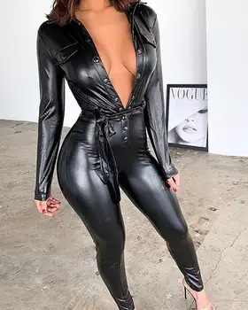 Sexy Negru Adânc V Gâtului PU Costume Slim Fit din Piele Faux Salopeta cu Centura
