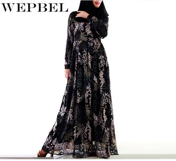 WEPBEL Brodate Musulman Abaya-Linie femeii O Talie Mare Rochii de Moda Toamna Drapat Leagăn Podea-Lungime Rochie