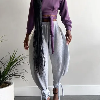 CHRONSTYLE Femei de Cauzalitate Pantaloni Largi Pantaloni 2020 Elegant de Înaltă Talie Elastic Pantaloni Dantela-up Fundul Culoare Solidă Streetwear
