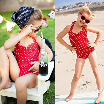 Moda Casual Slim Polka Dots Copii Fete Halterneck Bikini de costume de Baie Costum de baie Costum de Baie 2-7Y Haine de Vară