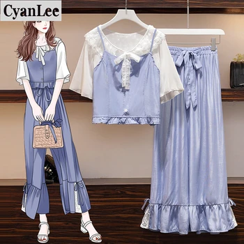 Cyanlee Plus Dimensiune 3 Piece Set De Vara Pentru Femei De Moda Casual Gâfâi Costum Mari, Elegante, Dantela Cămașă Și De Sus Și Pantaloni