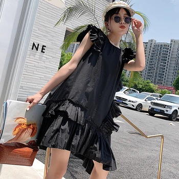 Volane alb negru Femei Rochie de Vara-coreean o-neck fără Mâneci Neregulate Mini Rochii pentru femei Streetwear rochie vestidos