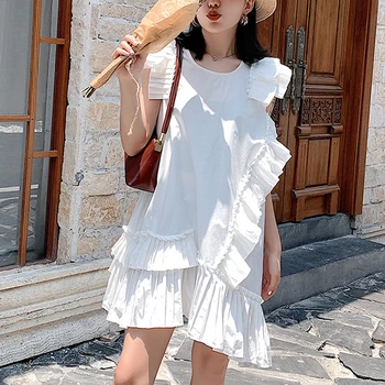 Volane alb negru Femei Rochie de Vara-coreean o-neck fără Mâneci Neregulate Mini Rochii pentru femei Streetwear rochie vestidos