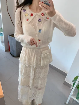 Prerie chic fata dulce cardigan Pulover Brodat Floare Rever singur pieptul reducerea de varsta Tricotate femei Top în toamna anului 2020