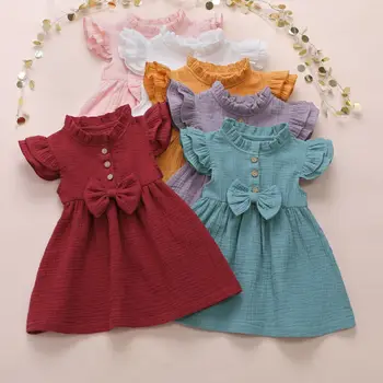 2020 Princess Toddler Copii Baby Girl Dress 1-6Y Solid Lenjerie de pat Butonul Zburli Maneca Rândul său, în Jos Guler Arc Partid Rochie a-Line pentru Haine