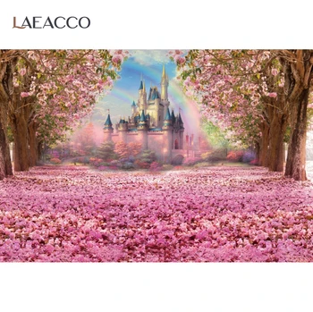 Laeacco Fantezie Flori Roz Blossom Castle Fundaluri De Fotografie, Copac, Curcubeu Portret Copil Photocall Fundaluri Foto Studio